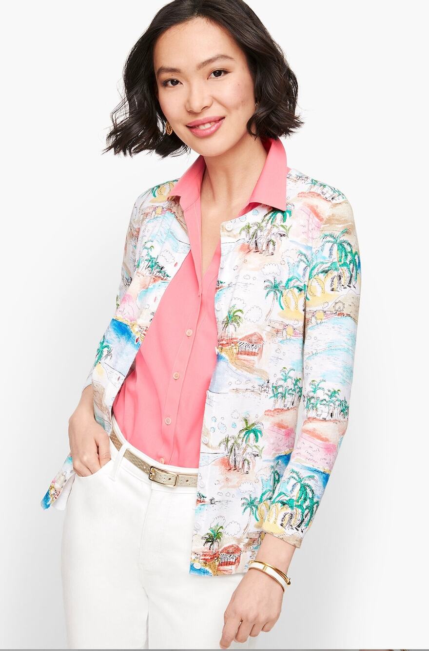 Talbots Womens M White Multi Charming Coastal Print Button Up Cardigan Resort